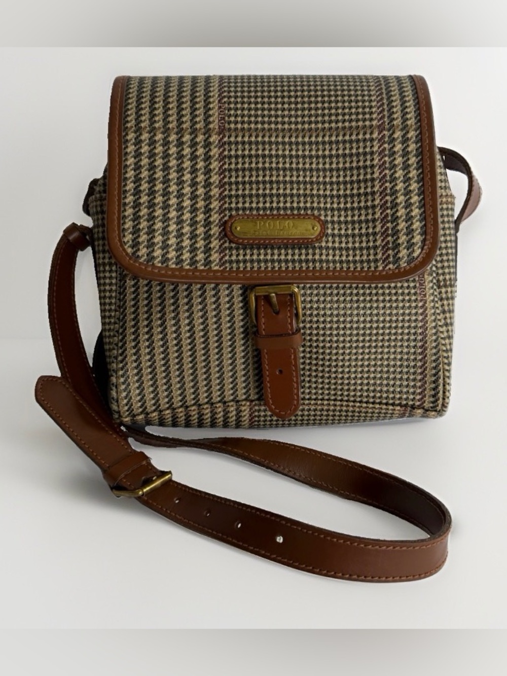 Vintage Polo Ralph Lauren Houndstooth Crossbody Bag Brown Leather Flap Messenger